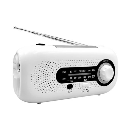 AM/FM Nødradio med Solcelle og Håndsving, SOS Alarm, 4 Lysindstillinger (hvid)