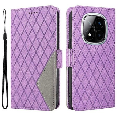 Yhteensopiva Xiaomi Redmi Note 14 Pro+ 5G/Note 14 Pro 5G/Poco X7 5G -puhelimen kanssa. Timanttikuvioinen läppäkotelo (vaaleanlila).