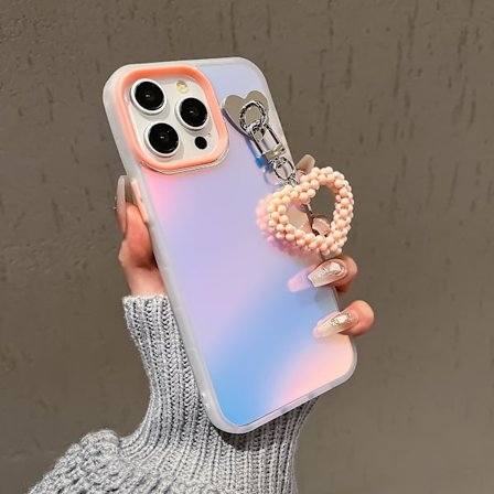 Til iPhone 12/ 12 Pro Etui Mat Laser Effekt PC+TPU Telefon Cover med Perler Hjerte Vedhæng