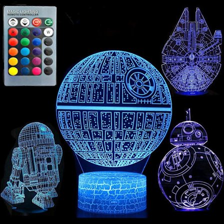 XYC 3D Illusjon Star Wars Nattlys Fire Mønster Dødsstjerne/Millennium Falcon/R2 D2/BB-8 Interstellar 7 Fargeendring Dekorlampe Skrivebordsnattlampe