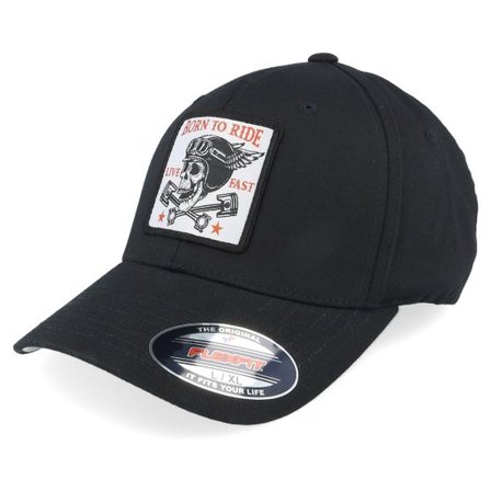 Born To Ride - Svart flexfit Keps - Skull & Pistons Patch Black Flexfit @ Hatstore