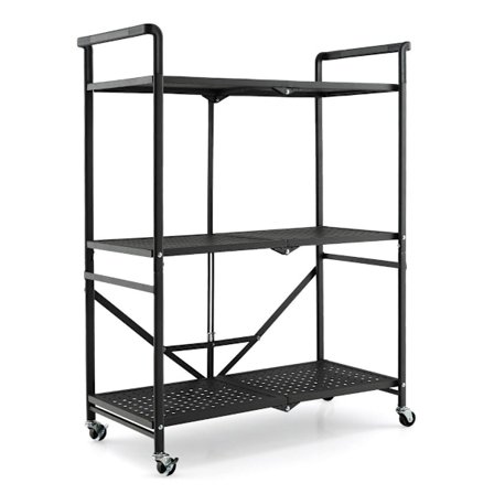 Foldebar serveringsvogn med 4 hjul 3 etagers metalhylde til køkkenkontor Sort