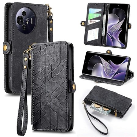 Väska med blixtlås för TCL 50 Pro NxtPaper 5G - Geometriska linjer i läder - Svart