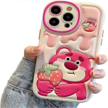 Yhteensopiva iPhone 13 Pro Max söpön kuoren kanssa, TPU-nahkainen puhelinkotelo kohokuvioitu sarjakuvakuori pehmeä kumipuskuri (vaaleanpunainen karhu)