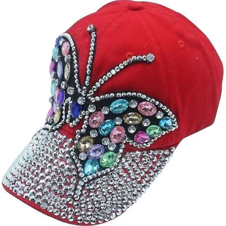 Dame Baseball Cap Butterfly Snapback Rhinestone Solhatter Justerbar Denim Hat Sparkle Bling Bomull Solhatt For Jenter Rød