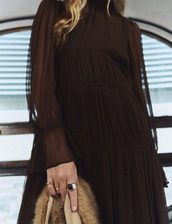 Mango Ruffled Dress With Puffed Sleeves - Brown - S