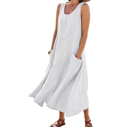 Ærmeløs Hør Strandkjole med Lommer - Kvinders Boheme Stil Tankkjole Hvid (L)