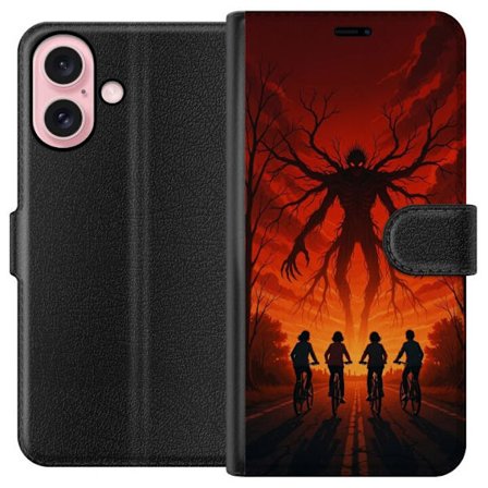 Yhteensopiva Lompakkokotelo Apple Apple iPhone 16 Tumma Stranger Things -inspiroima kauhukuvaus punaisilla taivaalla, hirviöhahmo ja pyöräilevät l