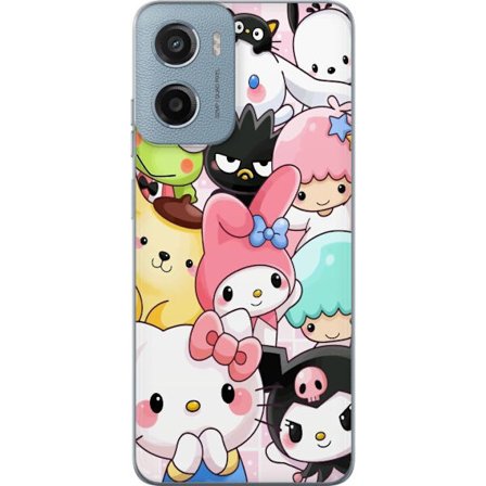 Yhteensopiva Puhelinkuori Motorola Moto E15 Tiheä kuvio suloisia hahmoja, joilla on suuret silmät eri väreissä ja ilmeissä LABUBU-tekstillä