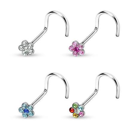 Pack 4 Skruvbara blomformade näspiercing i 316L stål