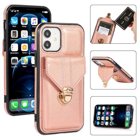 iPhone 15 Plus, kortholder etui, crossbody PU etui (rosaguld)