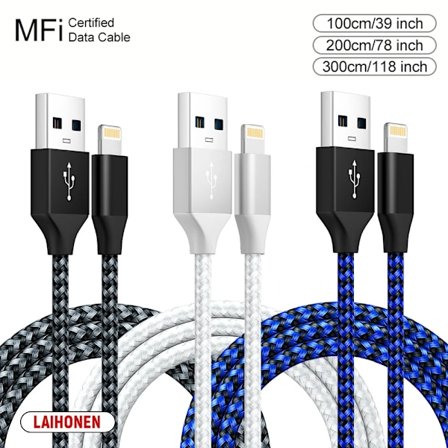 LAIHONEN USB-kabel för iPhone 5 6 7 8 Plus X XS XR 11 12 13 14 Pro Max SE 1m 2m 3m Lång Kort iOS Data Laddare Sladd Snabbladdning
