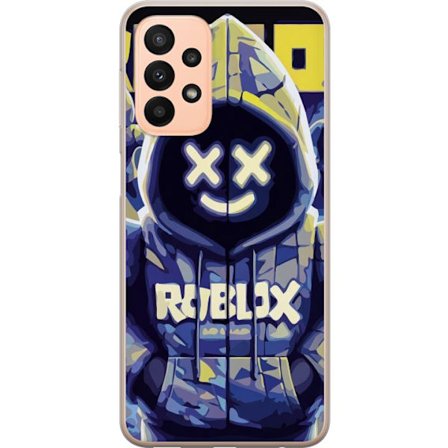 Kompatibelt Mobildeksel til Samsung Samsung Galaxy A23 Blågul Roblox hettegenserfigur med minimalistisk neonstil og masket ansikt, moderne spillillus