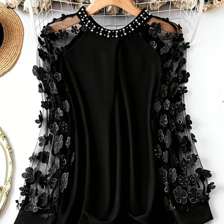 Plus Size, Blommig Färgblock Mesh Raglanärm Elegant Topp för Kvinnor i Stora Storlekar Svart 1XL