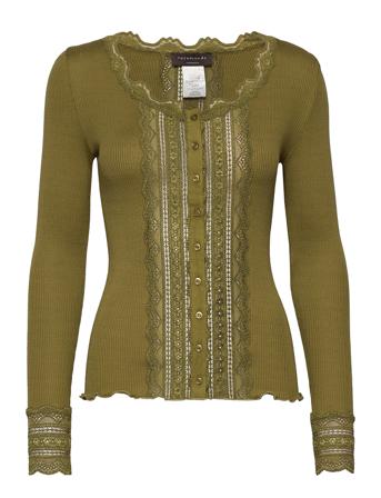 Silk Cardigan Ls W/ Lace Neuletakki Vihreä Rosemunde