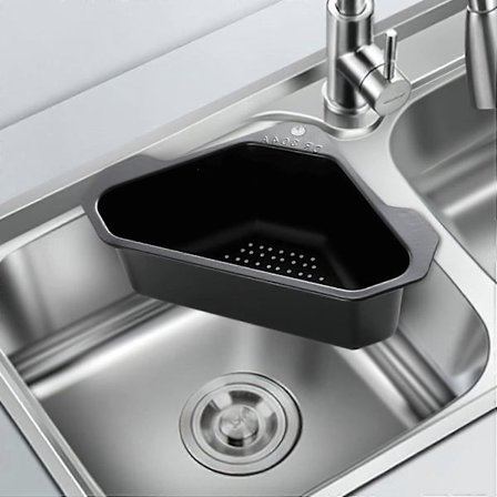 Dørslag til vask med opbevaringsstativ, rustfrit stål vask afløbsbakke hjørne trekantet filter drænbakke med sugekop til køkken badeværelse vask