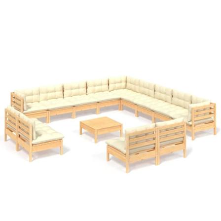 Vidaxl Loungegrupp Med Gräddvita Dynor 14 Delar Massiv Furu Creme