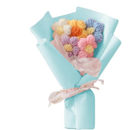 Strikket Puf Blomsterbuket - Håndlavede Mini Hæklede Blomster til Dimissionsgaver, Boligindretning (Blå)