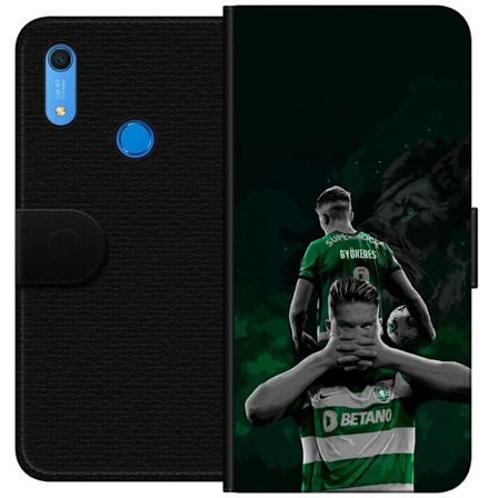 Kompatibel Tegnebogsetui til Huawei Y6s (2019) Neonmotiv med teksten "Gaming er i mit DNA" på en blå og rød murvæg med en lysende DNA-spiral.