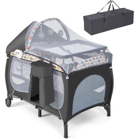 COSTWAY 5 i 1 hopfällbar spjälsäng med madrass, hängande leksaker, speldosa, avtagbar kapell 2 hjul 0-3 år gammal 15 kg färgglad