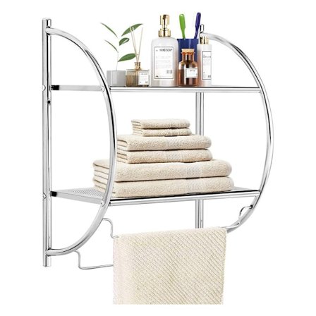 Badrums Handduksställ i Rostfritt Stål med Kromfinish, Väggmonterad Enhet med 2-våningsförvaring, Böjda Hyllor och Stång