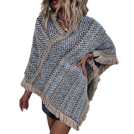 Stribet etnisk stil sweater cape med kvaster til kvinder