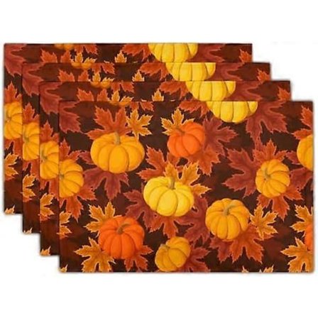4 Efterårs Græskarblade Linned Dækkeserviet Vaskbar Skridsikker Varmebestandig 30x45 cm Tyk Dækkeserviet Dekorativ Bordmåtte i Stof til Spisebord