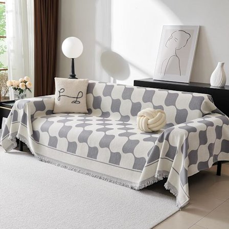 Vaskbart Sofaovertrekk Mykt Tykt Chenille Stoff for Stue, 180 x 150 cm, Grått Rutete Mønster