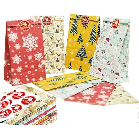 48-pack julklappspåsar i papper, julklappspåsar med klistermärken, färgglada presentpåsar