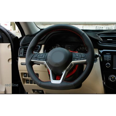 (RÖD LINJE) Svart Läder Hand-sytt Bilratt Skydd För Nissan Kicks X-TRAIL March Rogue Qashqai Serena 2017 2018 2019