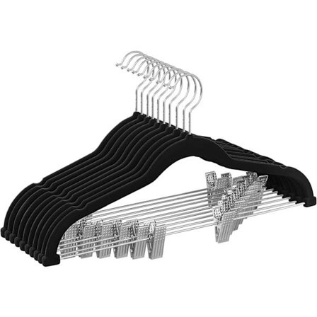 Sæt med 10 Velour Bøjler med Justerbare Clips, 42,5 cm Lange, Skridsikre, Pladsbesparende, til Nederdele, Jakker, Kjoler