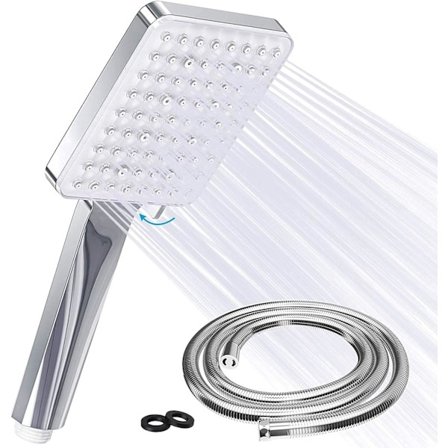 Handdusch med 1,5 m rostfri slang, fyrkantig spraytyp, stort duschhuvud