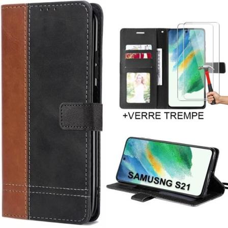 Etui til Samsung Galaxy S21 FE med 2 hærdede briller - Stødsikker PU-læderetui Brun-sort