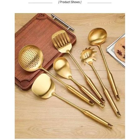 Premium 7-delars köksredskapsset i guld med ställ, matlagningsverktyg i rostfritt stål