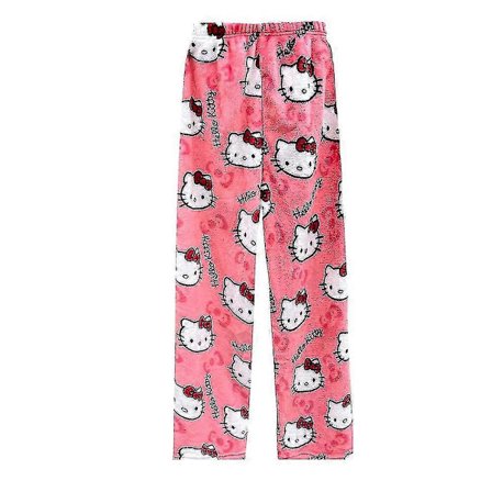 Kawaii Pyjamas for Kvinner og Jenter, Cartoon Hello Kitty All Over Print Flanell Jul Anime Myke Sovepyjamasbukser Rose Red 2XL
