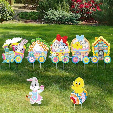 Hyvää pääsiäistä pihaopasteet ulkokäyttöön, värilliset pääsiäispupujen pihaopasteet maakiinnikkeillä, sopivat kotiin, puutarhaan ja nurmikolle