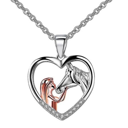 Silver Pendant Necklace with Girl and Horse for Girls, Cubic Zirconia Sterling Silver Necklace Jewelry Gifts for Horse Lovers Women