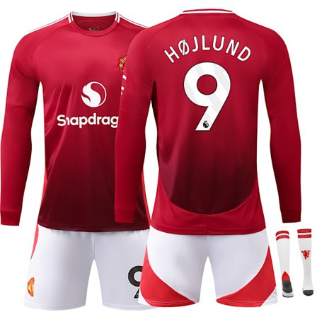 24-25 Manchester United F.C. Langermet Hjemmedrakt NR.9 Højlund Drakter Barn Voksen Fotballutstyr med Sokker