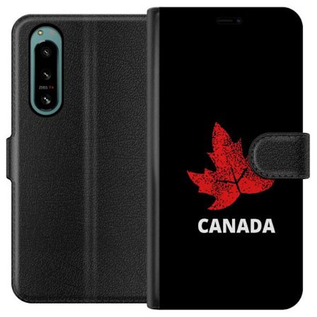 Kompatibelt Lommeboketui til Sony Sony Xperia 5 IV Grafisk lønnebladsymbol i rødt mot svart bakgrunn med tydelig kanadisk referanse og minimalistisk