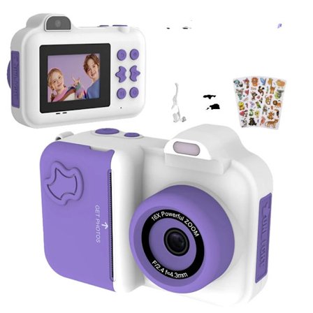 Barnens Sofortkamera, 16X Zoom, 32GB Lagring,Vit Lila