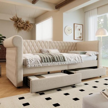 Vintage sänggavel klädd säng bäddsoffa 90x200 cm, bäddsoffa med 2 förvaringslådor