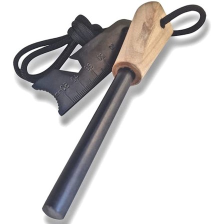 Fire Starter - Traditionel Ferro Rod, Håndlavet Træhåndtag 3/8", Survival Igniter med Hals Lanyard & Multi-Tool Striker