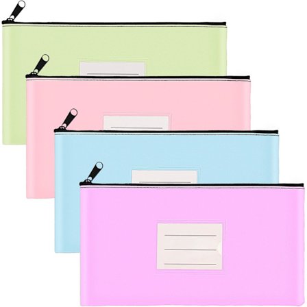 4-pak PU Læder Pengeposer - 28x15 cm Lynlås Bank Indbetalingsposer med Etiketter, Multi-funktionel Organizer til Kontanter, Mønter, Kosmetik