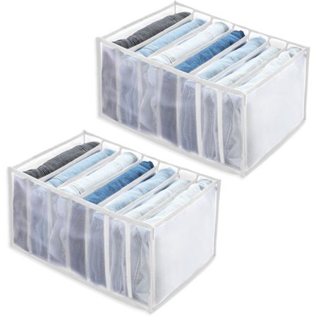 2 stk. Sammenleggbare oppbevaringsbokser for klær i skuffer, oppbevaringsorganisator for jeans, 7 rom med hvitt for bukser, leggings, T-