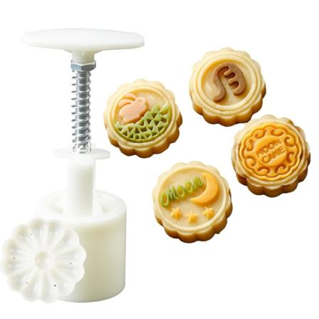 Månkageform Sæt, Månkage Presseforme, Mid Autumn Festival DIY Håndpresse Kage Stempler Bagværk Værktøj med 50g Mode Mønster, Månkage Maker (Hvid)