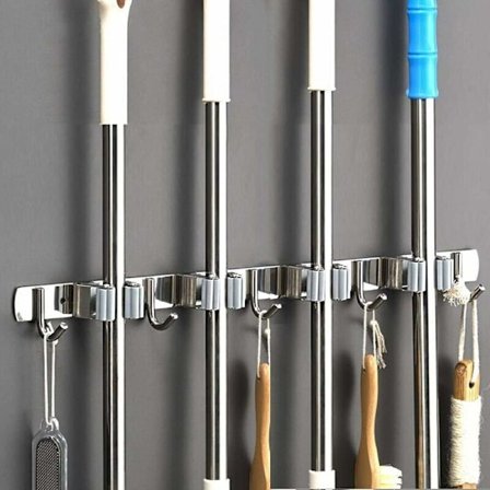 Veggmontert kostholder i rustfritt stål, veggmontert kostestativ med 4 spor og 5 kroker for kjøkken, bad, garasje