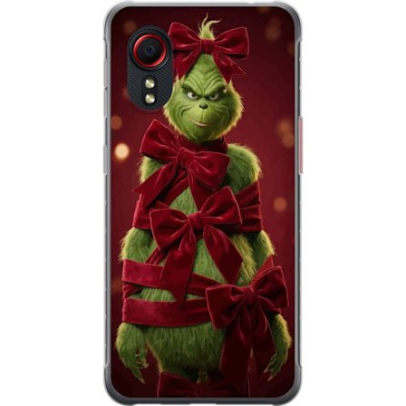 Yhteensopiva Puhelinkuori Samsung Samsung Galaxy Xcover 5 Grinchi-hahmo koristeltu punaisilla samettinauhoilla juhlavassa studiossa, leikkisällä ja