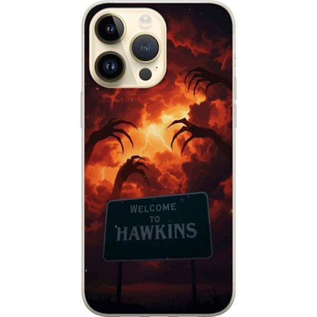 Kompatibelt Mobilskal till Apple Apple iPhone 14 Pro Max Mörkt skräckmotiv med röda åskmoln och hotfulla händer ovanför Hawkins skylt dramatisk