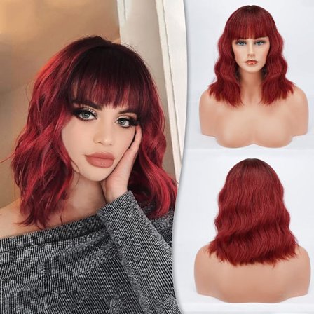 Kort bob-paryk med pandehår, skulderlang, kort dameparyk, krøllet