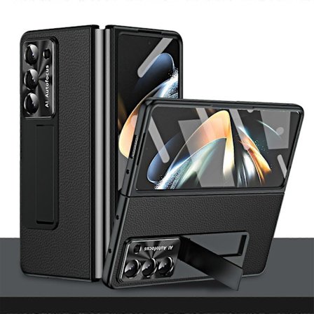 Z Fold 5 Skal med Skärmskydd, Läder Hybrid PC Hårt Allomfattande Stöttåligt Skal med Ställ för Samsung Galaxy Z Fold 5 2023